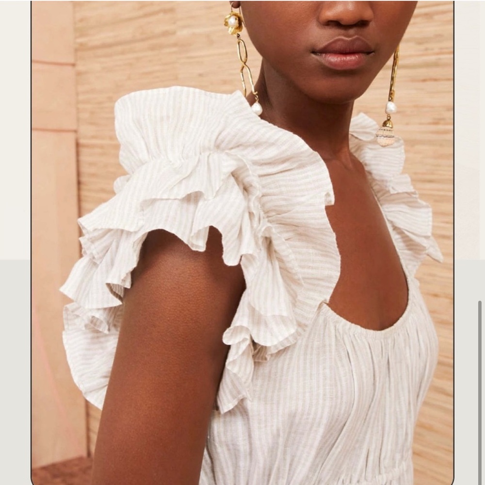 Ulla Johnson White/Pink Striped  Ruffled Midi Dress Size 8